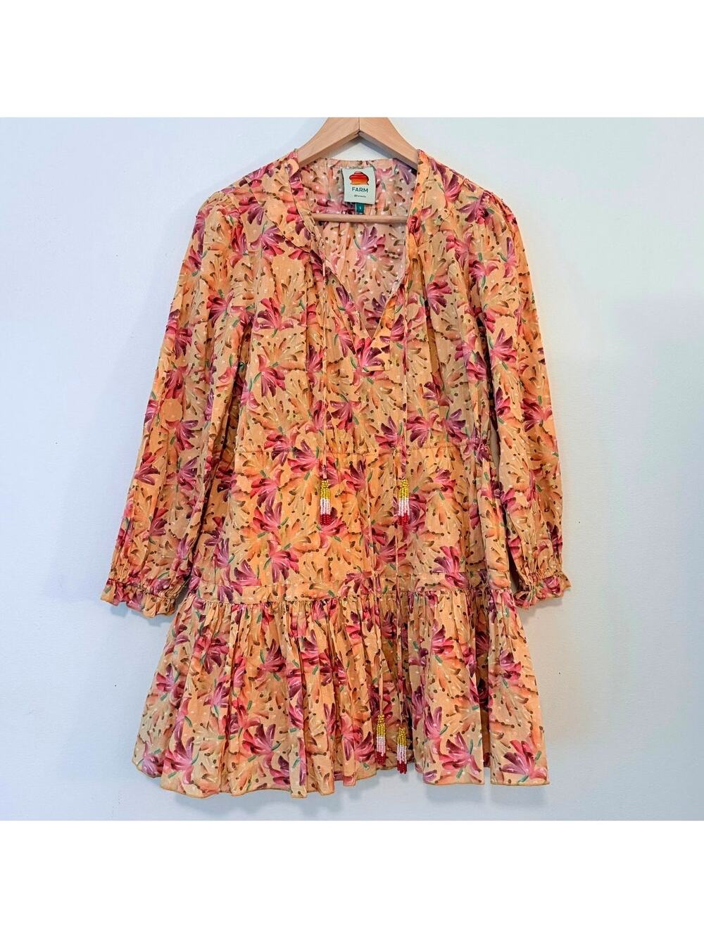 FARM Rio Banana Sunshine Floral Mini Dress Size S Beaded Tassels